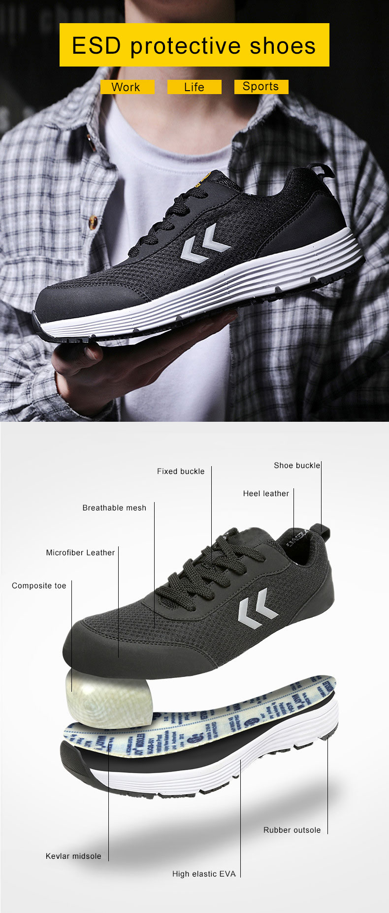 MKsafety® - MK0709 - Black lightweight shock absorption esd work shoes-DETAILS